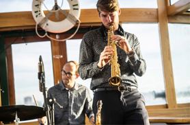 Jazz band playing aboard a classic yacht in NY Harbor