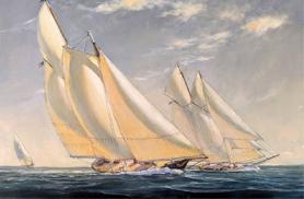 painting of several sailboats sailing down a river