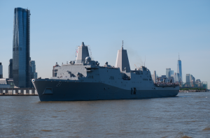 Navy ship in the Hudson River with the World Trade Center and NYC Skyline in the background