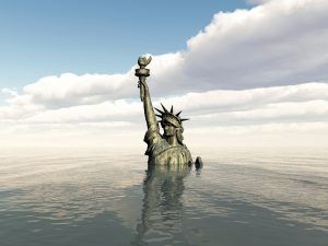 The Statue of Liberty submerged under water to represent climate change