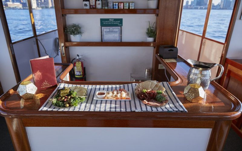 The bar aboard yacht Kingston showcasing hors d oeuvre's for a private yacht party