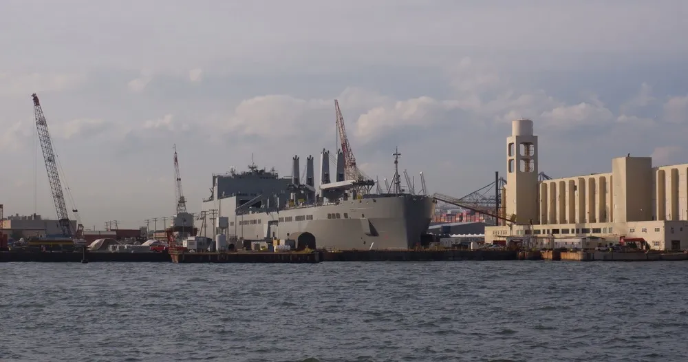 A military ship docked in Brooklyn