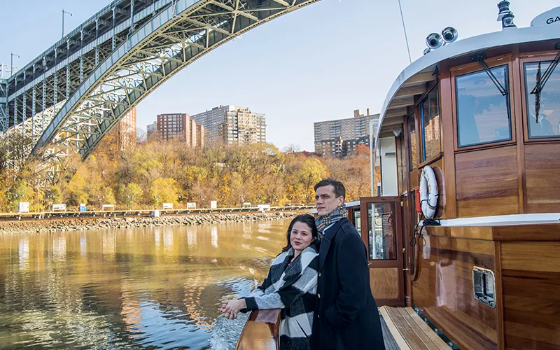 FallFoliage6 Couple on a Fall Foliage Cruise looking at the Grand Palisades with Classic Harbor Line
