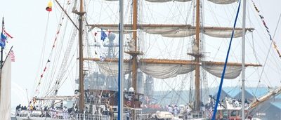 A bunch of TallShips in New York Harbor for Sail4th250 celebrations