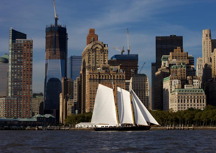 Schooner America 2.0 sailing past the World Trade Center as it was being built