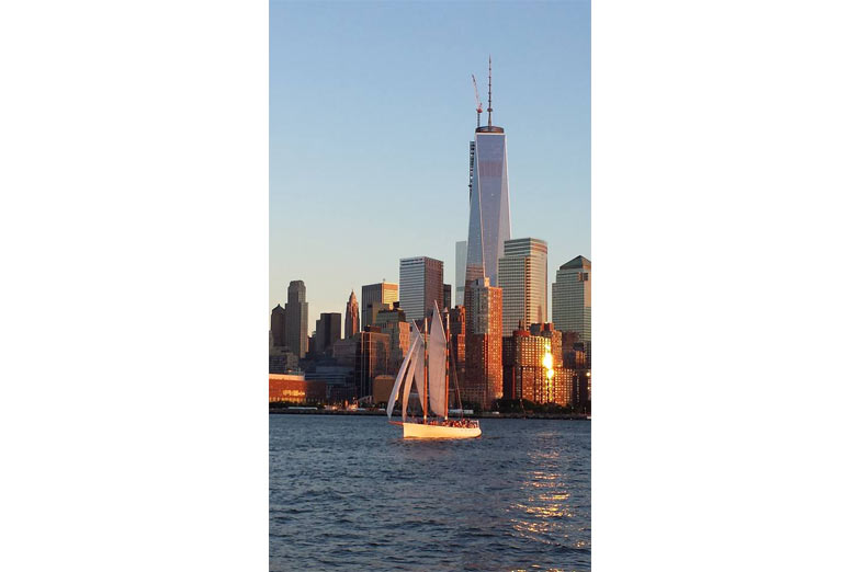 Schooner Adirondack sailing in NY Harbor with the World Trade Center in the background 