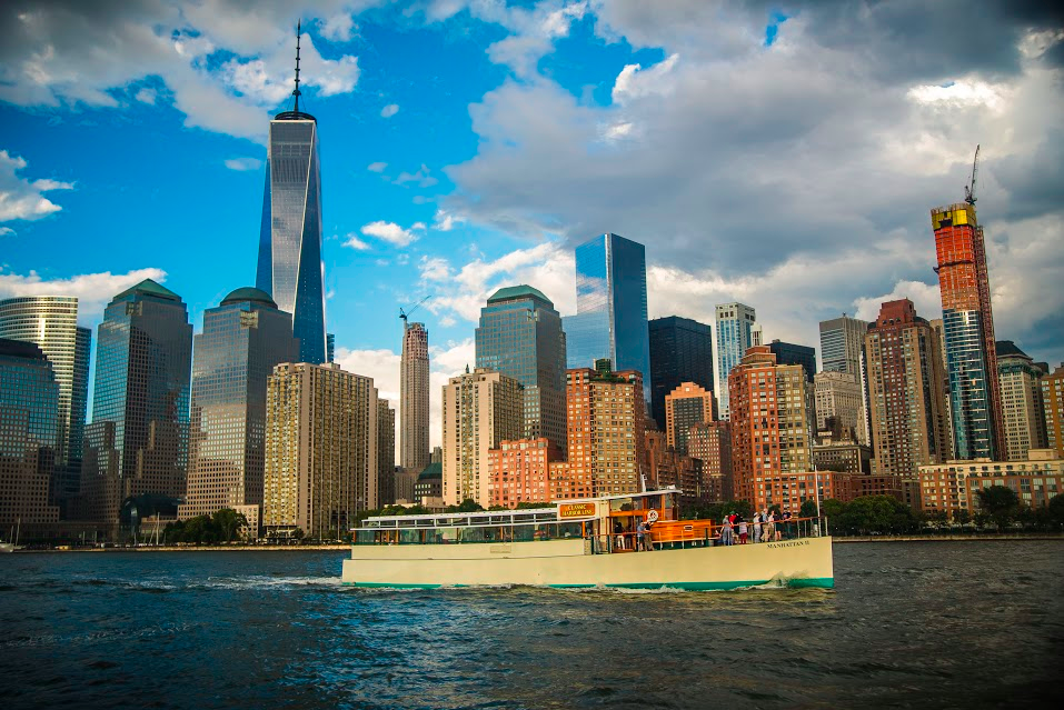 Full boat photo of Yacht Manhattan II in NY Harbor with the World Trade center and NYC Skyline in the background 